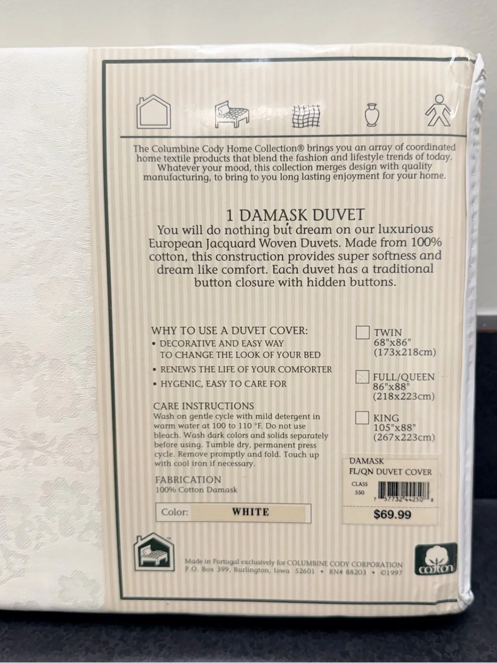 VTG 1997 Columbine Cody White Damask Duvet Cover Full Queen Jacquard Cottagecore